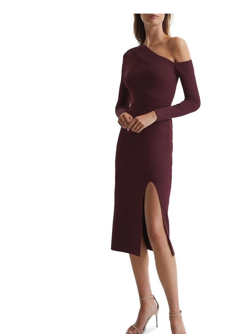 Reiss One-Shoulder Burgundy Midi Dress with Thigh Slit
